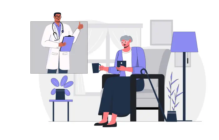 Doctor and Old Woman Talking on Mobile Flat Vector Illustration image